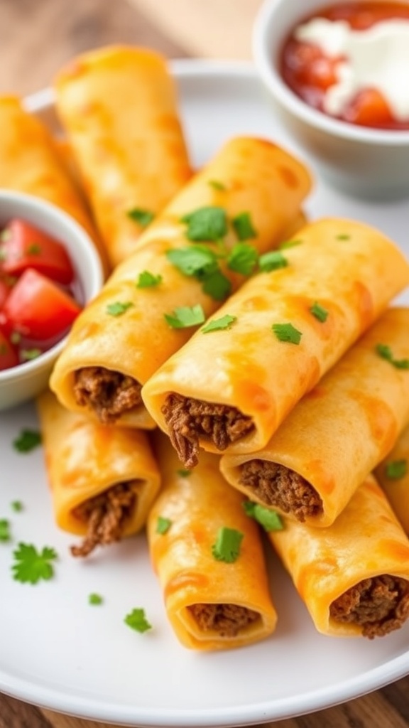 Cheesy Taco Sticks Recipe Cheesy taco sticks on a plate with salsa and sour cream, garnished with cilantro.